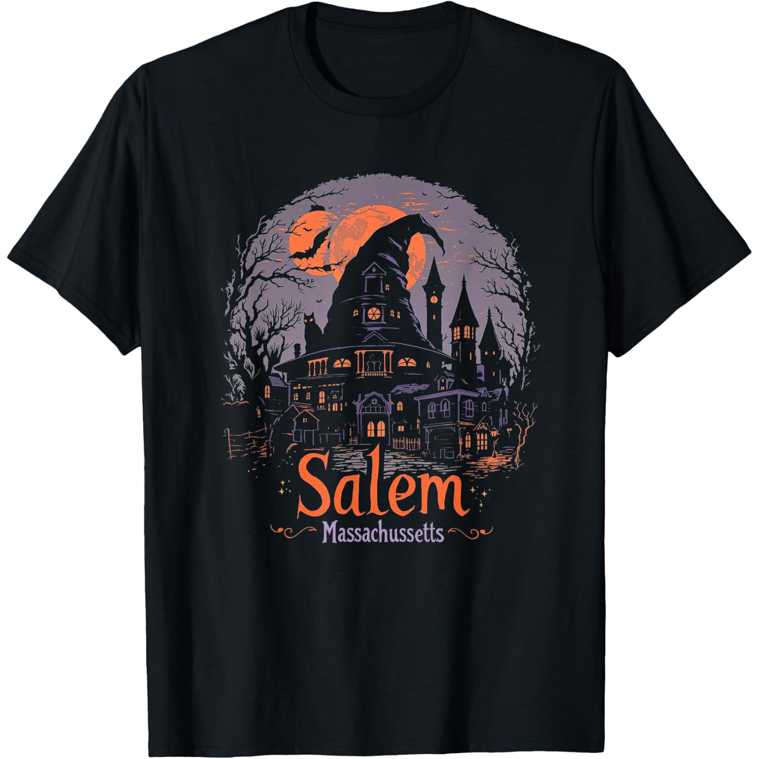 Vintage Salem Massachusetts Halloween Skyline Cityscape T-Shirt