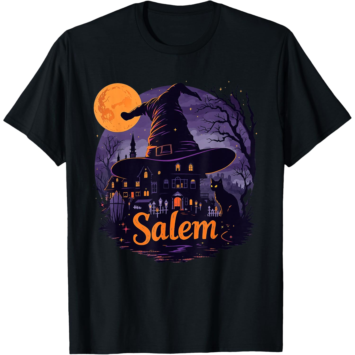 Vintage Salem Massachusetts Halloween Skyline Cityscape T-Shirt