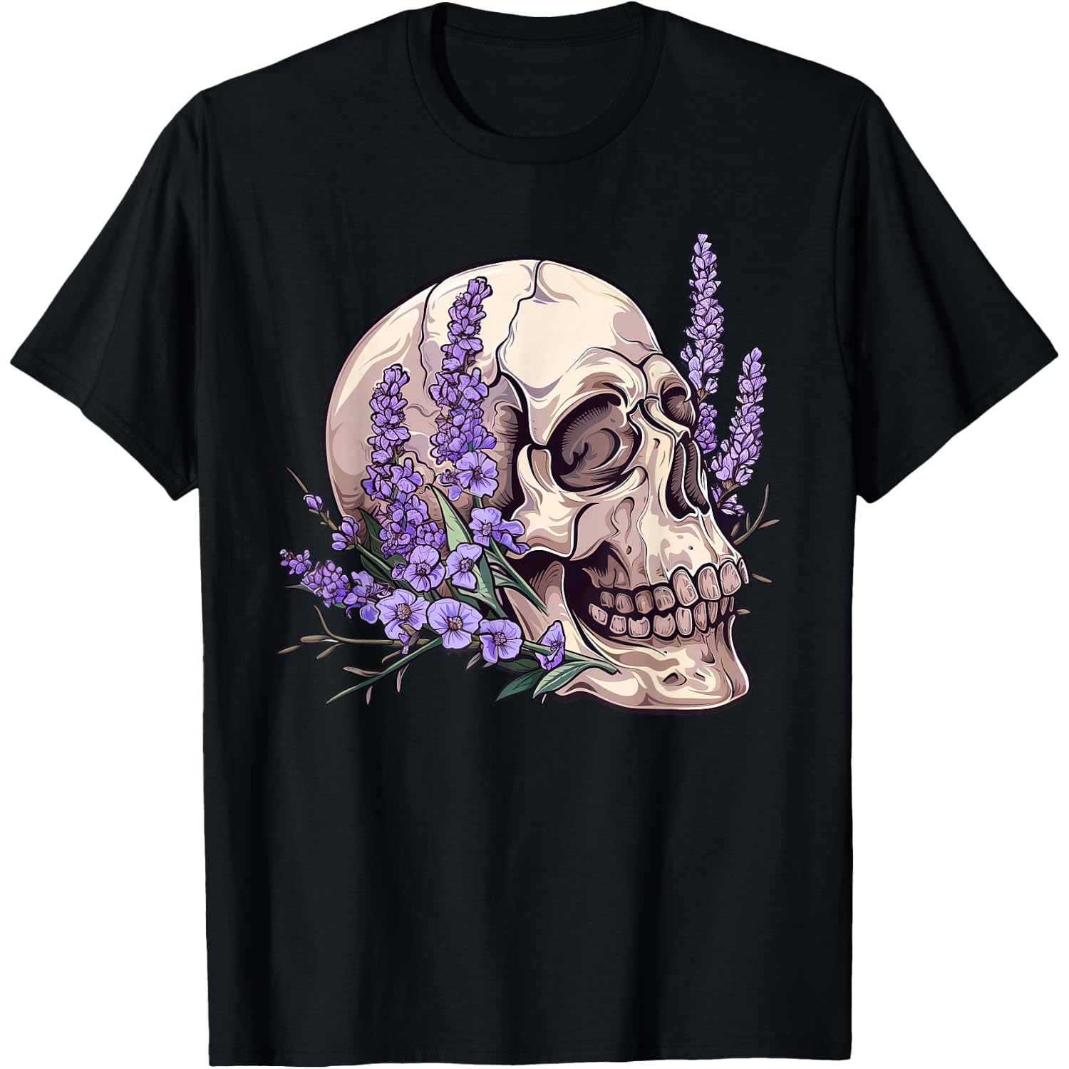 Vintage Skull Purple Lavender Flower Cottagecore Fairycore T-Shirt