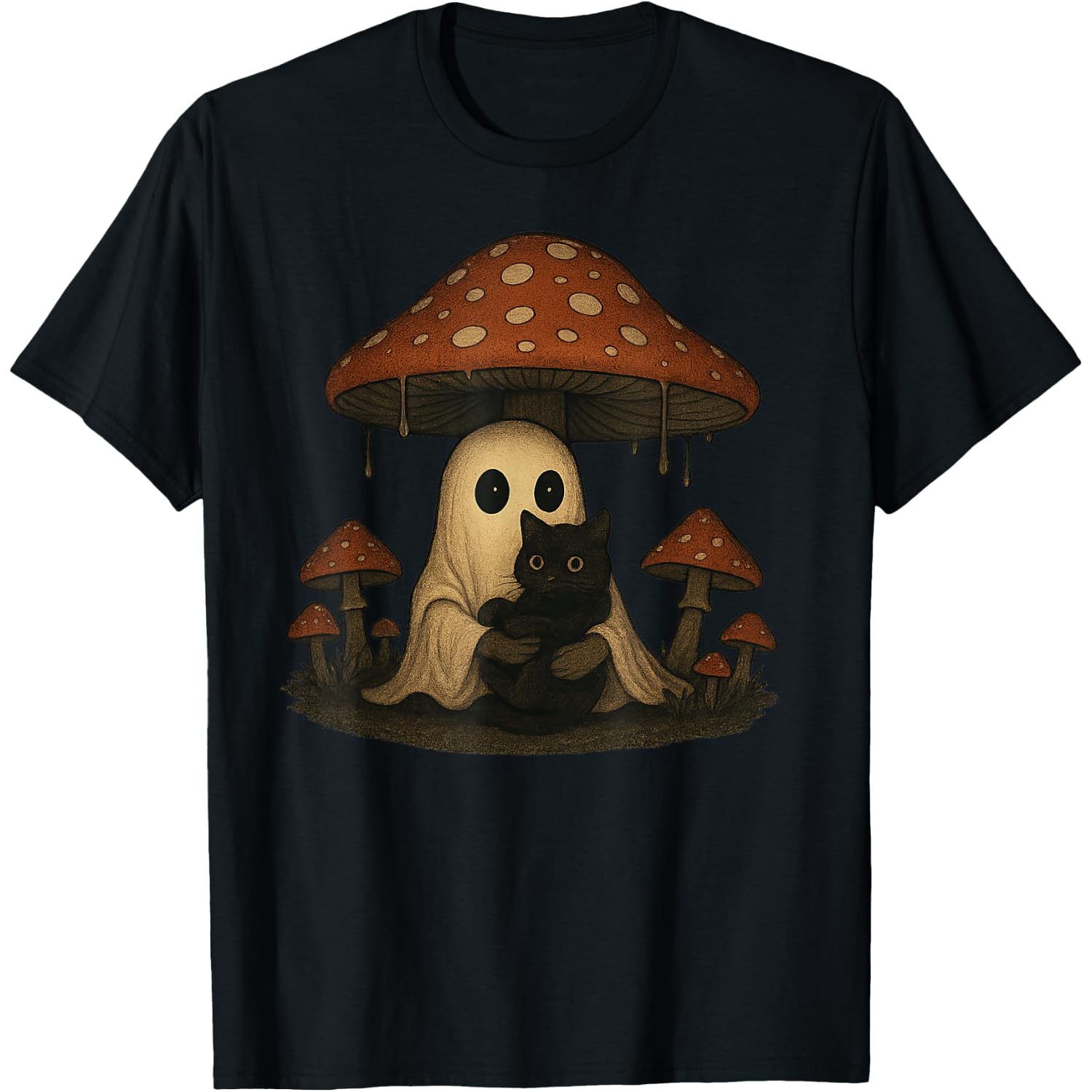 Vintage Spooky Halloween Ghost and Black Cat T-Shirt
