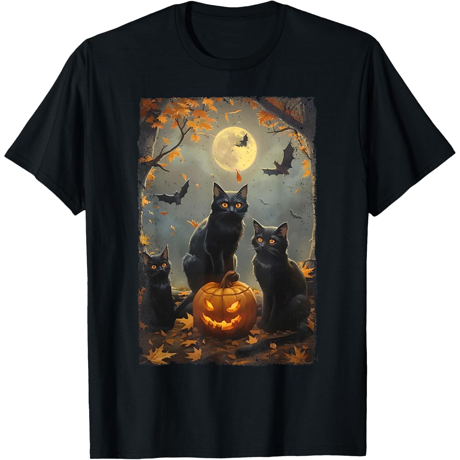 Vintage Three Black Cats Halloween Pumpkin Costume Cat Lover T-Shirt for Men Women Kids
