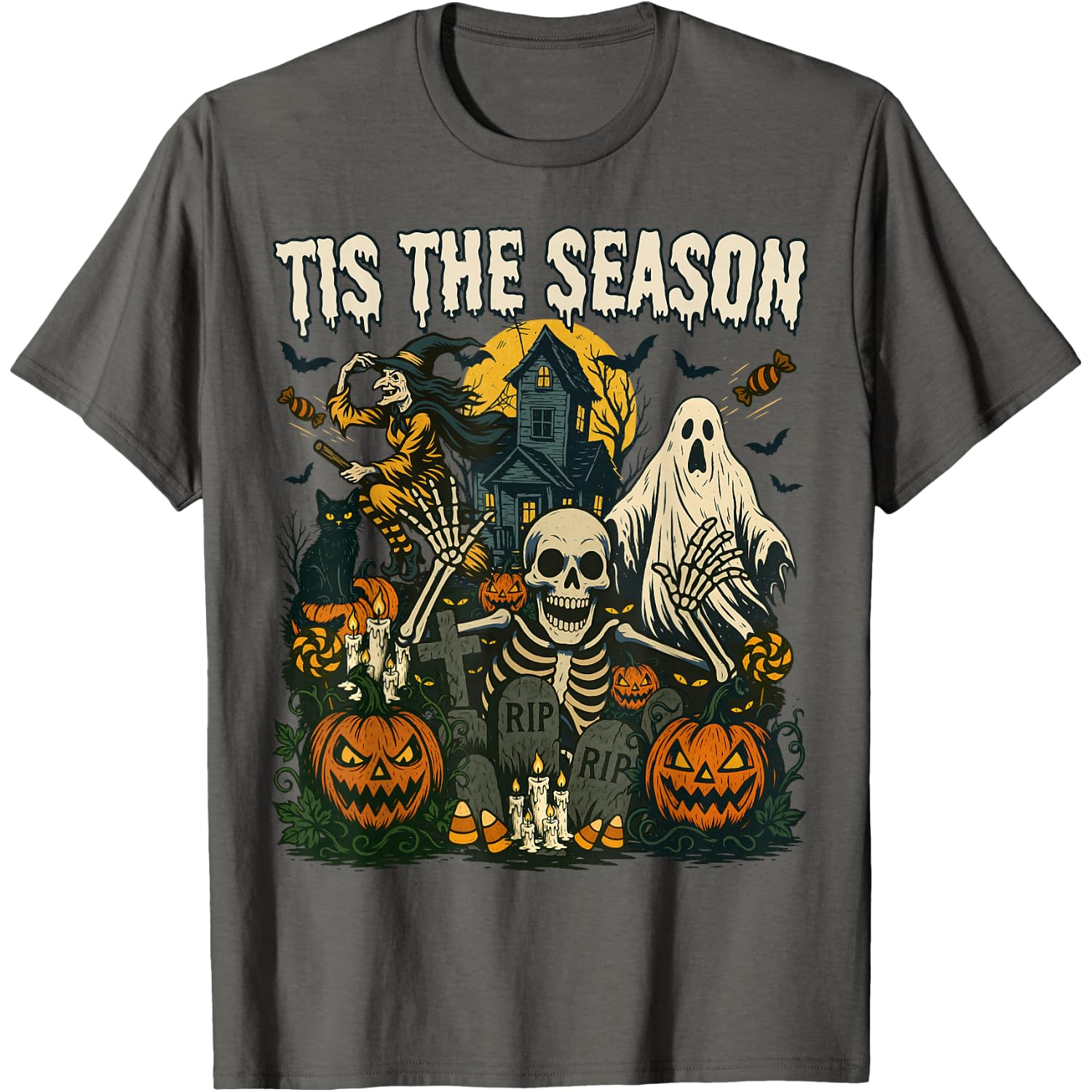 Vintage Tis the Season Halloween Skeleton Ghost Vibes Retro T-Shirt