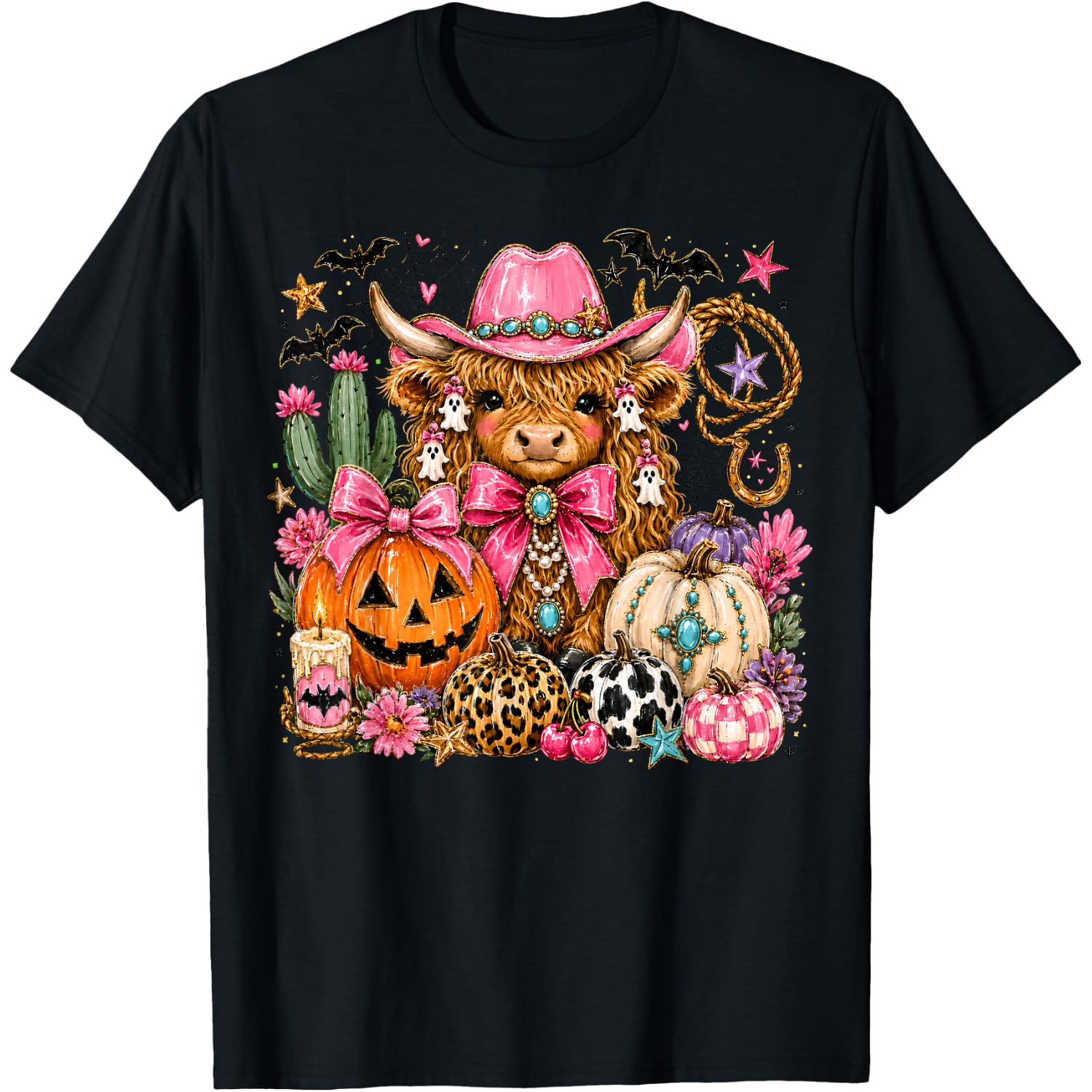 Vintage Western Halloween Highland Cow Pumpkin Cowgirl Women T-Shirt