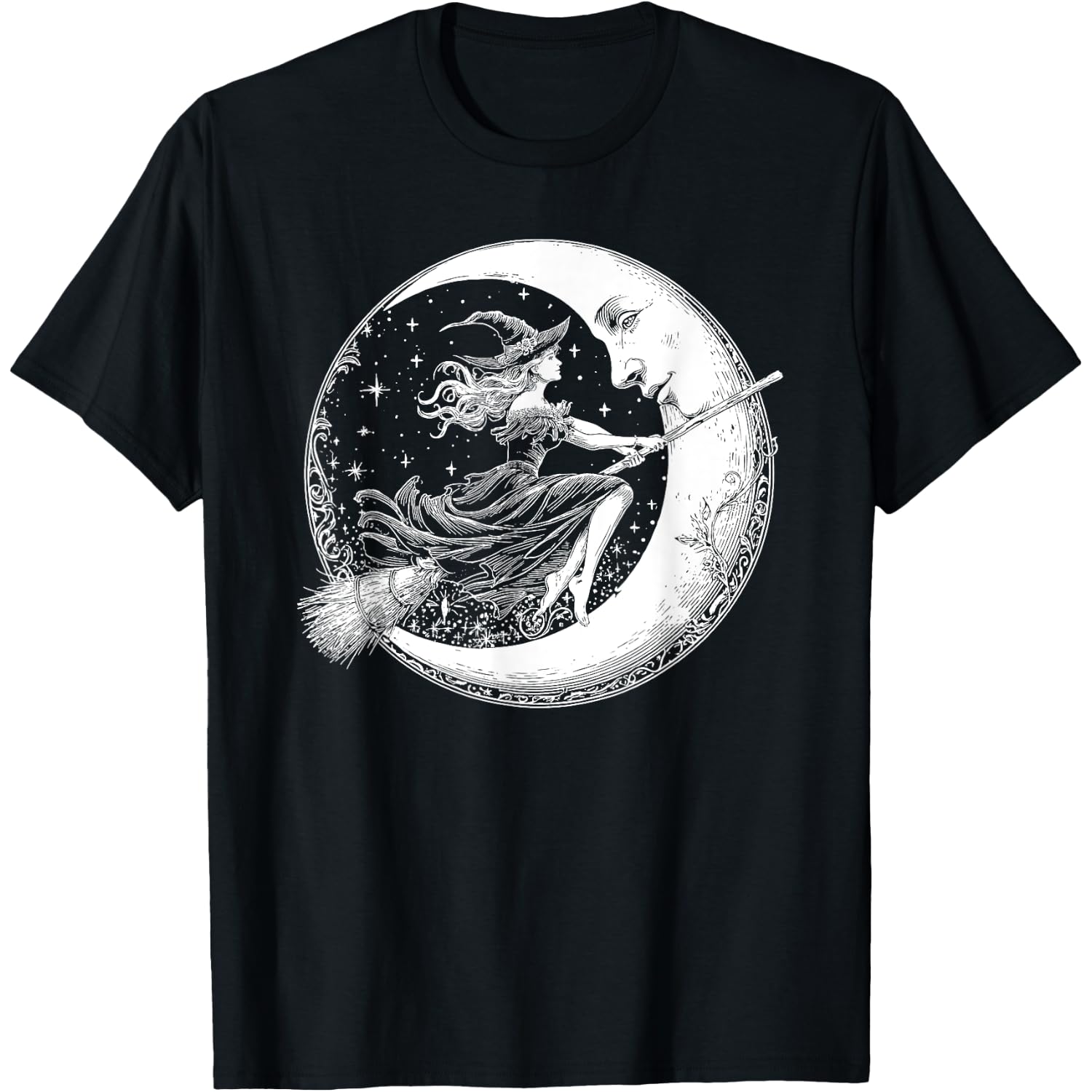 Vintage Witch Riding Broom to The Moon Witchy Halloween T-Shirt