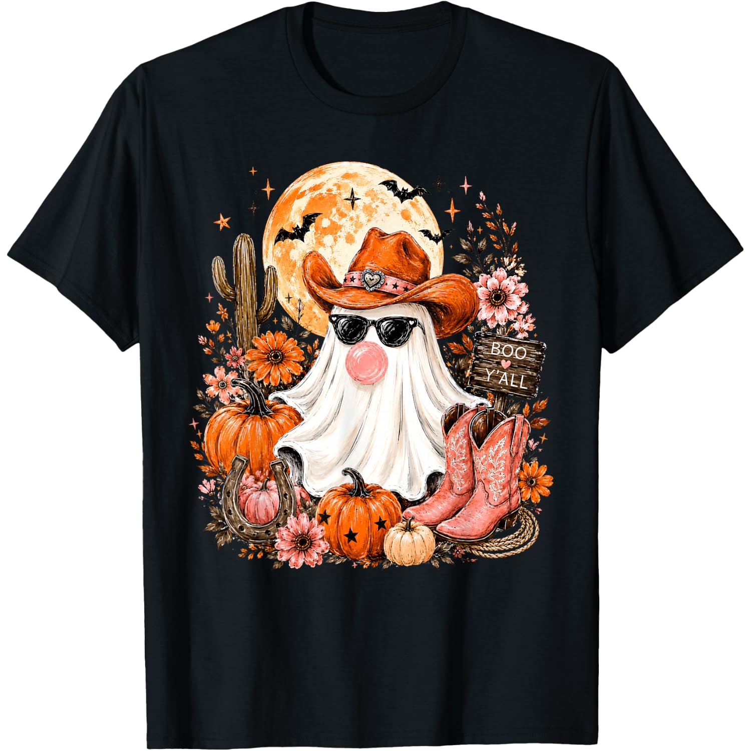 Western Boots Cowgirl Ghost Blowing Bubble Gum Floral Fall T-Shirt