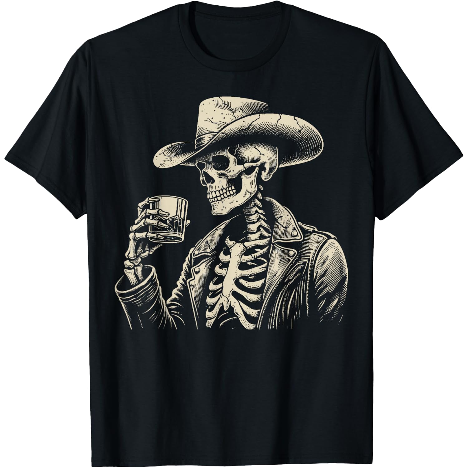 Western Cowboy Skeleton Whiskey Rustic Vintage Halloween T-Shirt