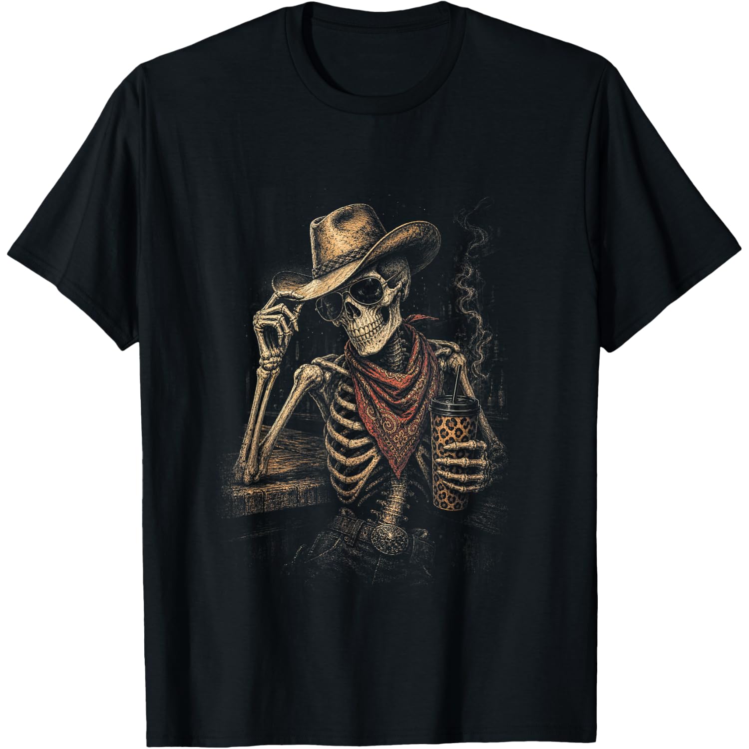 Western Halloween Cowboy Cowgirl Skeleton Drinking Coffee T-Shirt