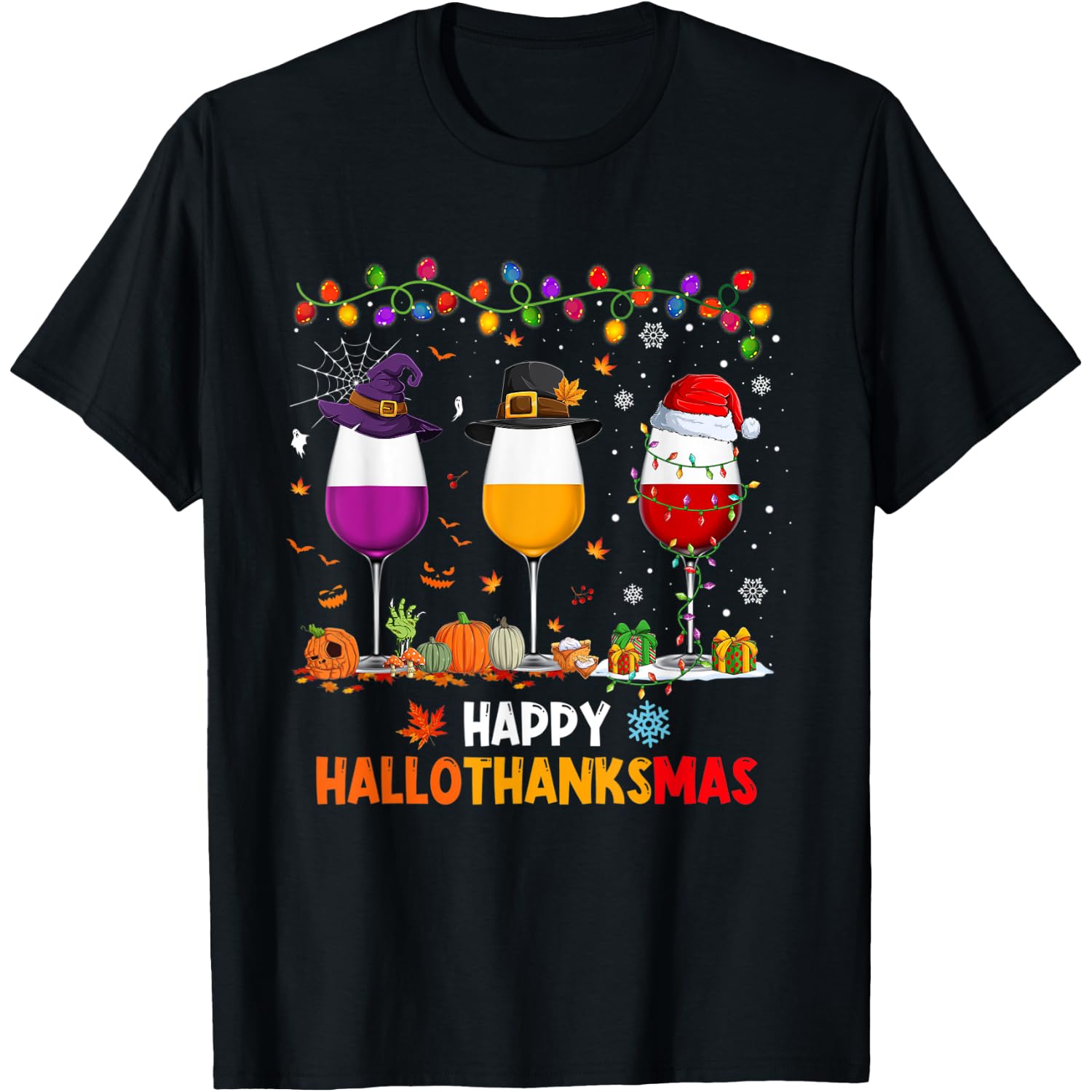 Wine Halloween Thanksgiving Christmas Happy Hallothanksmas T-Shirt