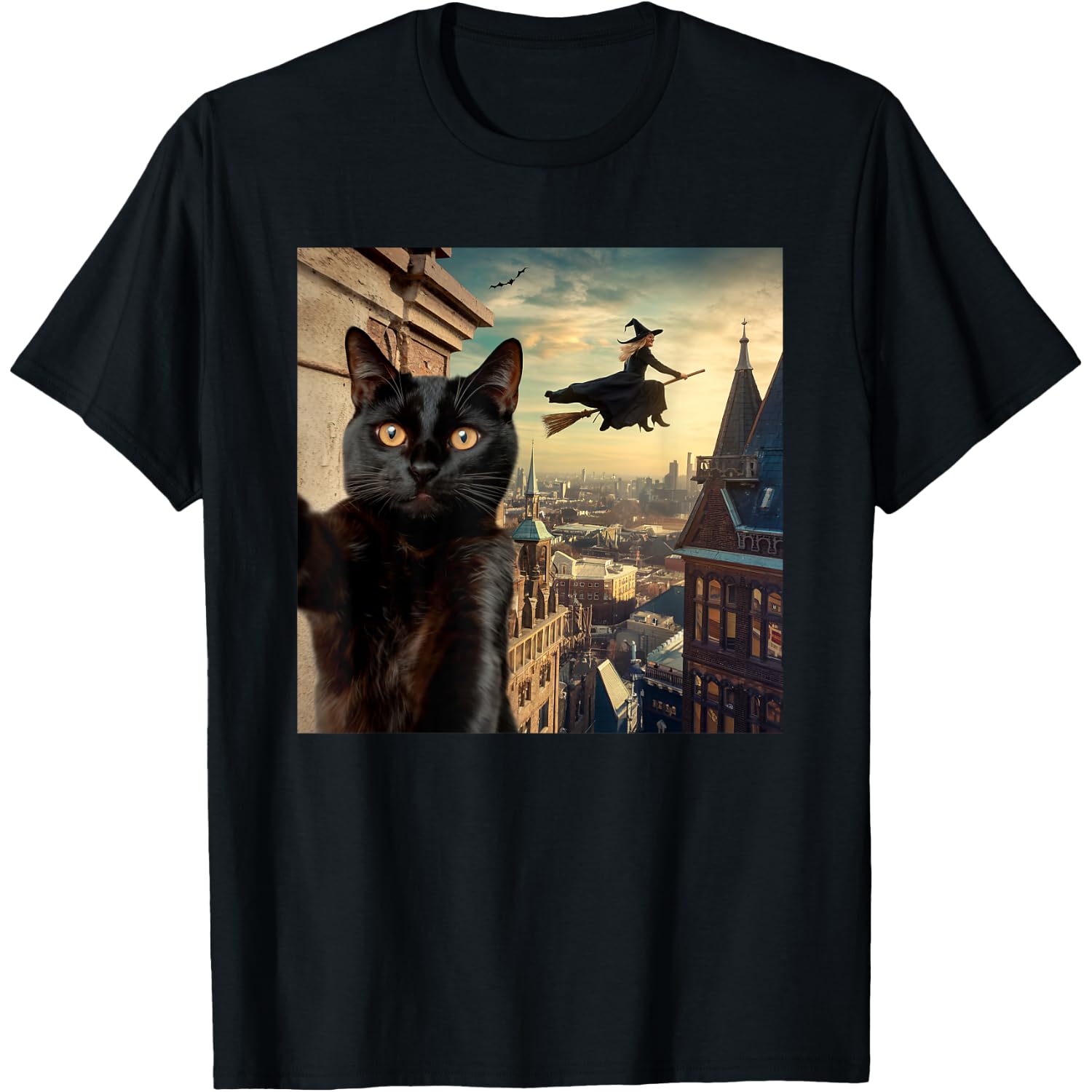 Witch and Black Cat Selfie Photo Halloween Magic Lovers T-Shirt