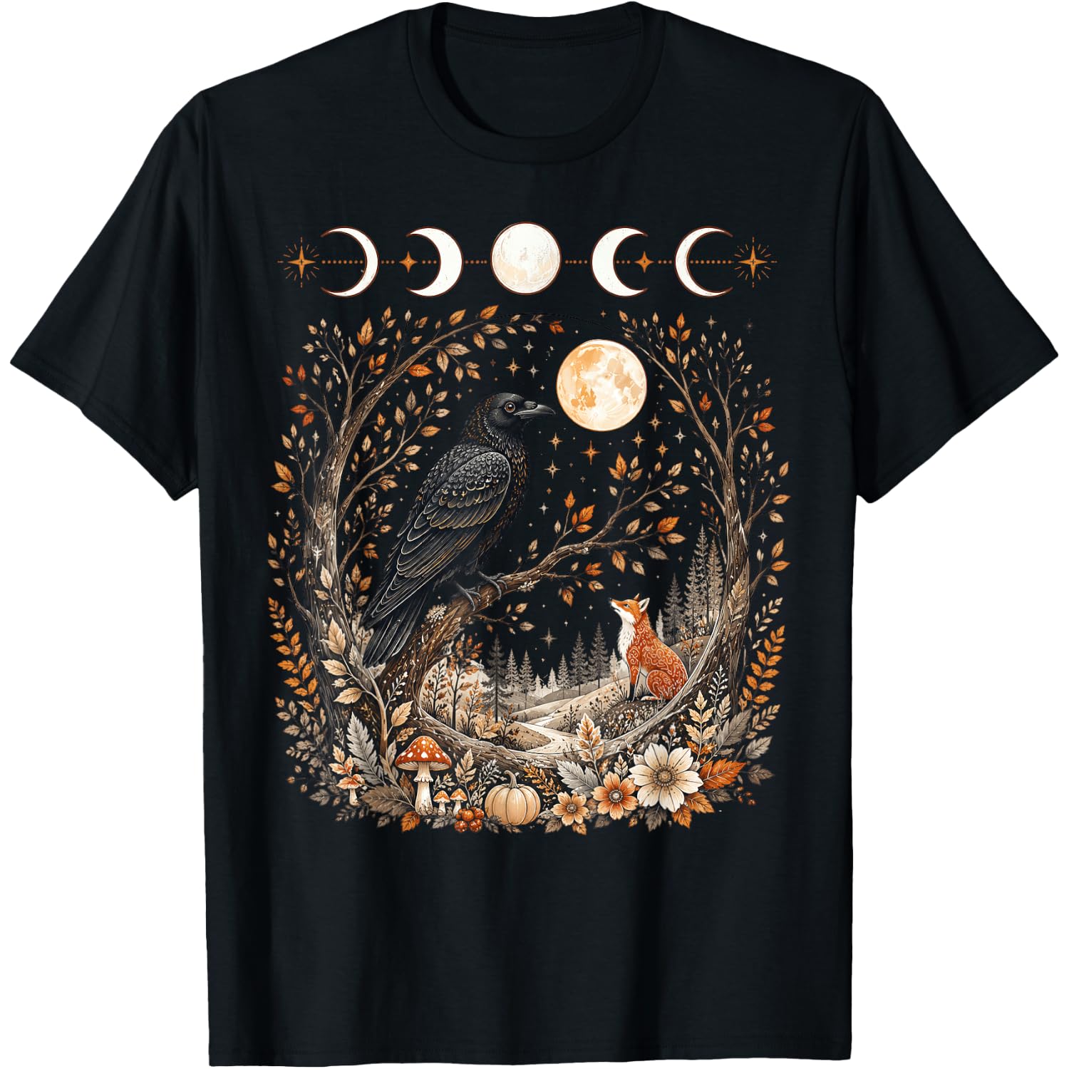 Witchy Black Crow Floral Cottagecore Aesthetic Halloween T-Shirt