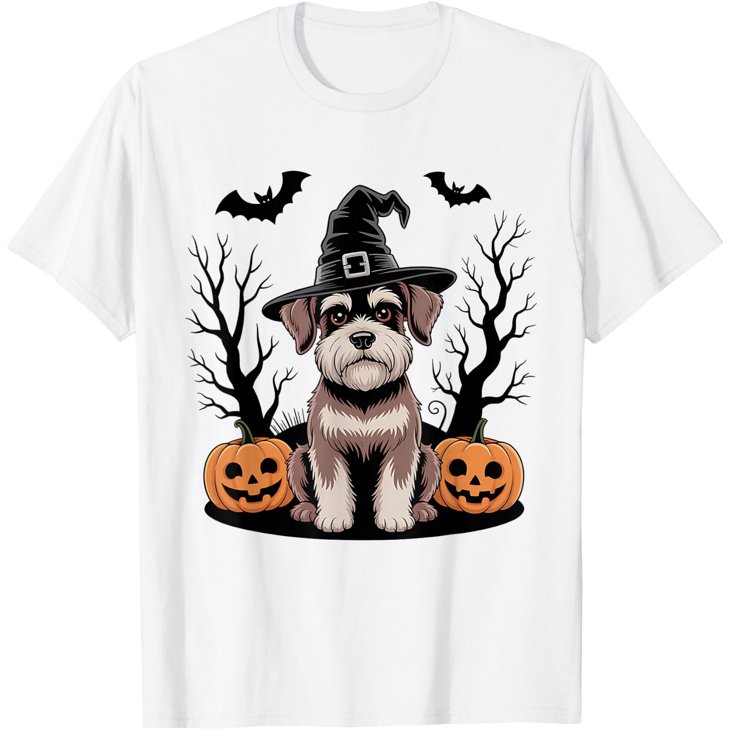 Witchy Miniature Schnauzer Halloween Spooky Bats Pumpkins T-Shirt