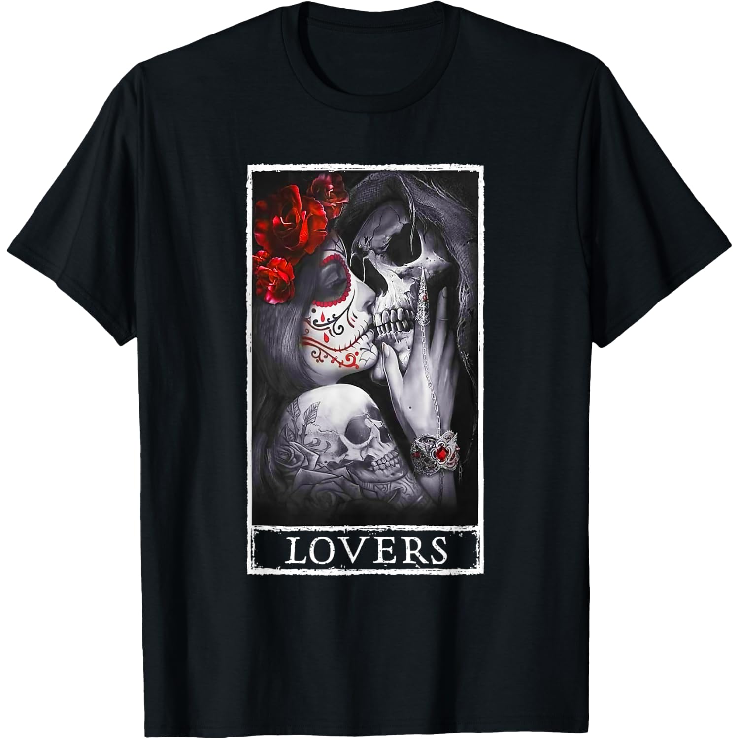 Woman Kissing Skeleton Skull Lovers Red Roses Goth Couple T-Shirt