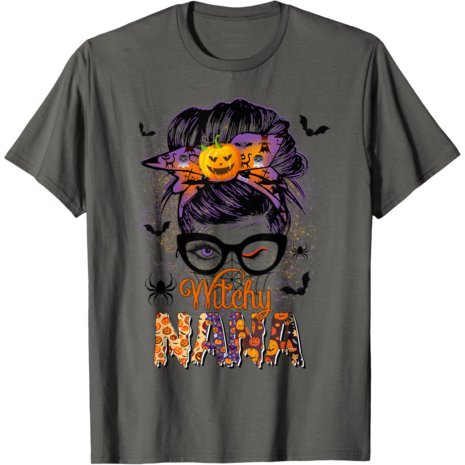 Womens Witchy Nana Messy Bun Spooky Witch Pumpkin Halloween T-Shirt
