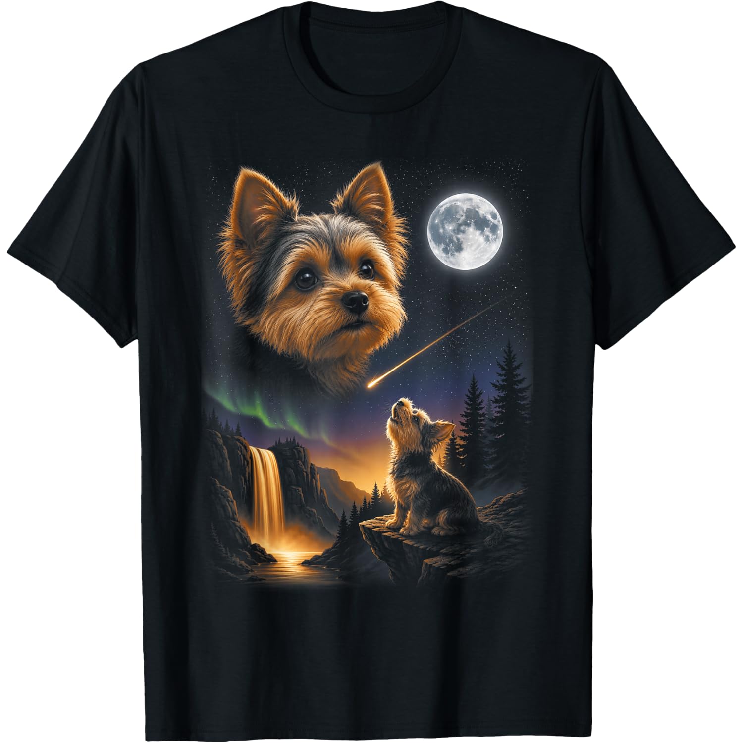 Yorkie Howling at Moon 90's Retro Nature Forest Dog Lovers T-Shirt