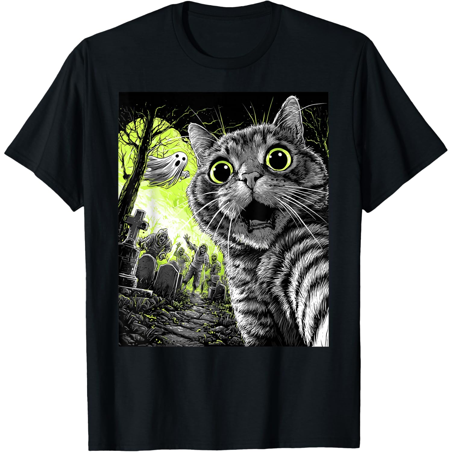 Zombie Cat Selfie Funny Scary Halloween Cemetery Ghost T-Shirt