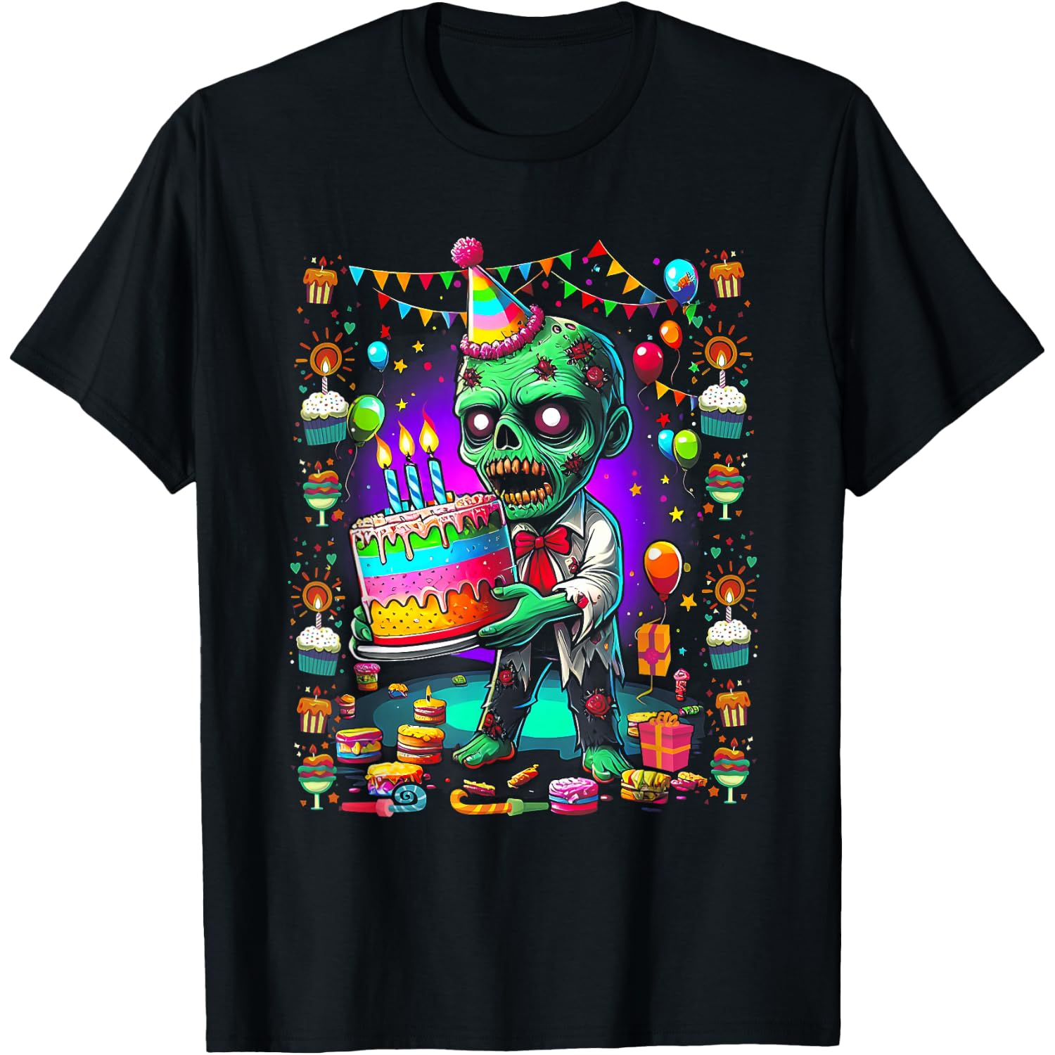 Zombie Holding Birthday Cake Halloween Birthday Horror Party T-Shirt