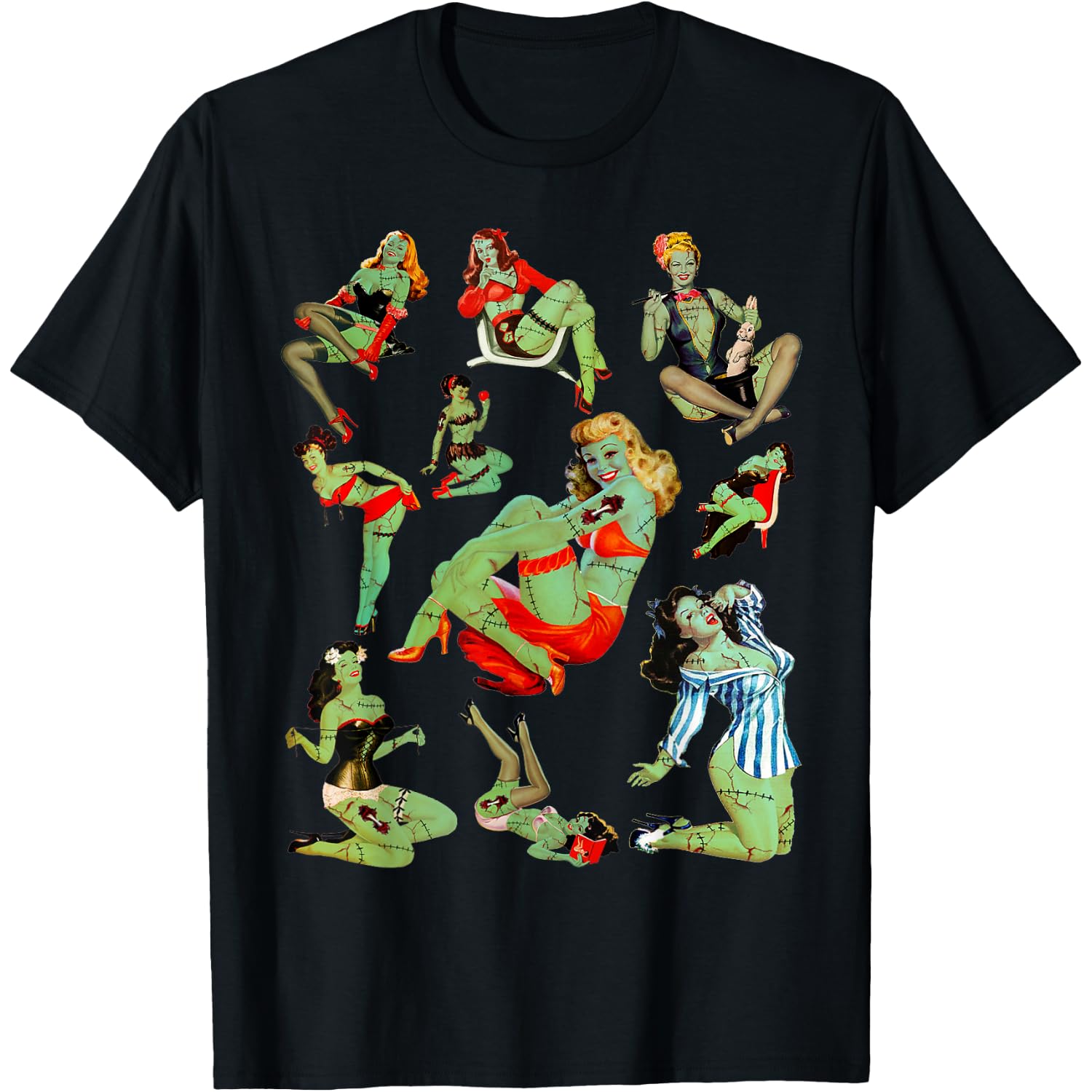 Zombie Pin Up Girl Halloween Sassy Cute Collage Apocalypse T-Shirt